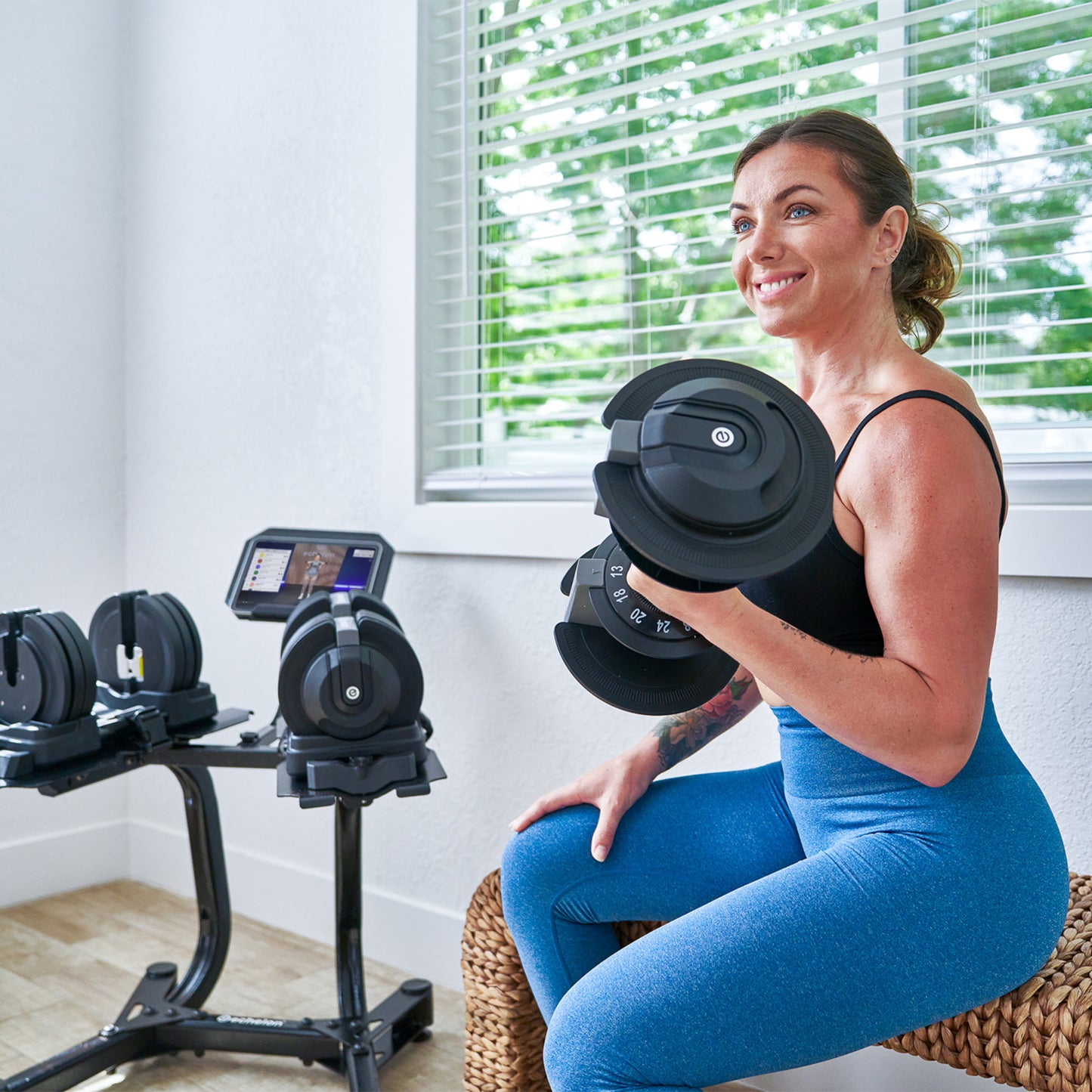 Echelon Adjustable Dumbbells Set 7–52.5 lbs with Stand, Quick Weight Adjustment, Space-Saving Design