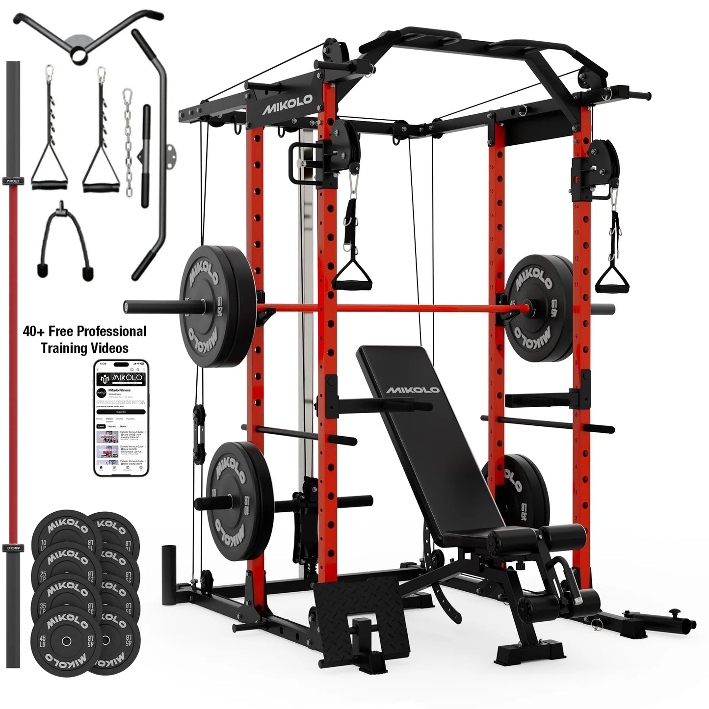 Power Cage, Squat Rack with Dual Pulley Cable Crossover System, Multifunction Free Weight Home Gym Workout Machine with Attachmenteds Red