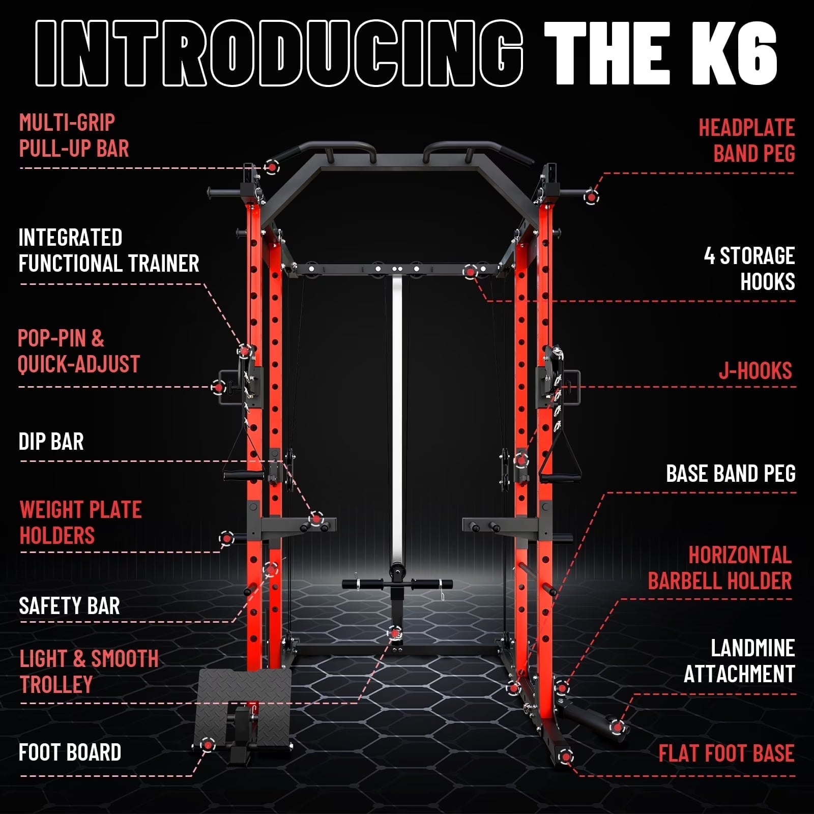 Power Cage, Squat Rack with Dual Pulley Cable Crossover System, Multifunction Free Weight Home Gym Workout Machine with Attachmenteds Red