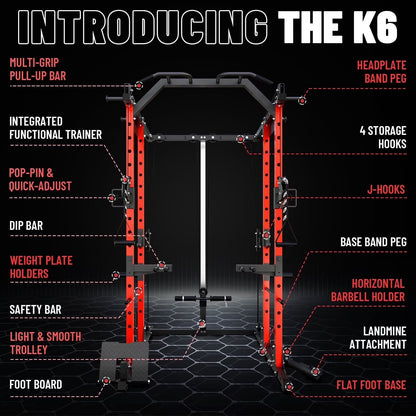 Power Cage, Squat Rack with Dual Pulley Cable Crossover System, Multifunction Free Weight Home Gym Workout Machine with Attachmenteds Red