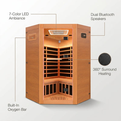 Multifunctional 2-3 Person Infrared Sauna for Home, 2180W Indoor Sauna with 7-Color LED Ambient Light, Red Light Feature, Oxygen Bar, Dual Bluetooth Speakers, 360° Surround Heating