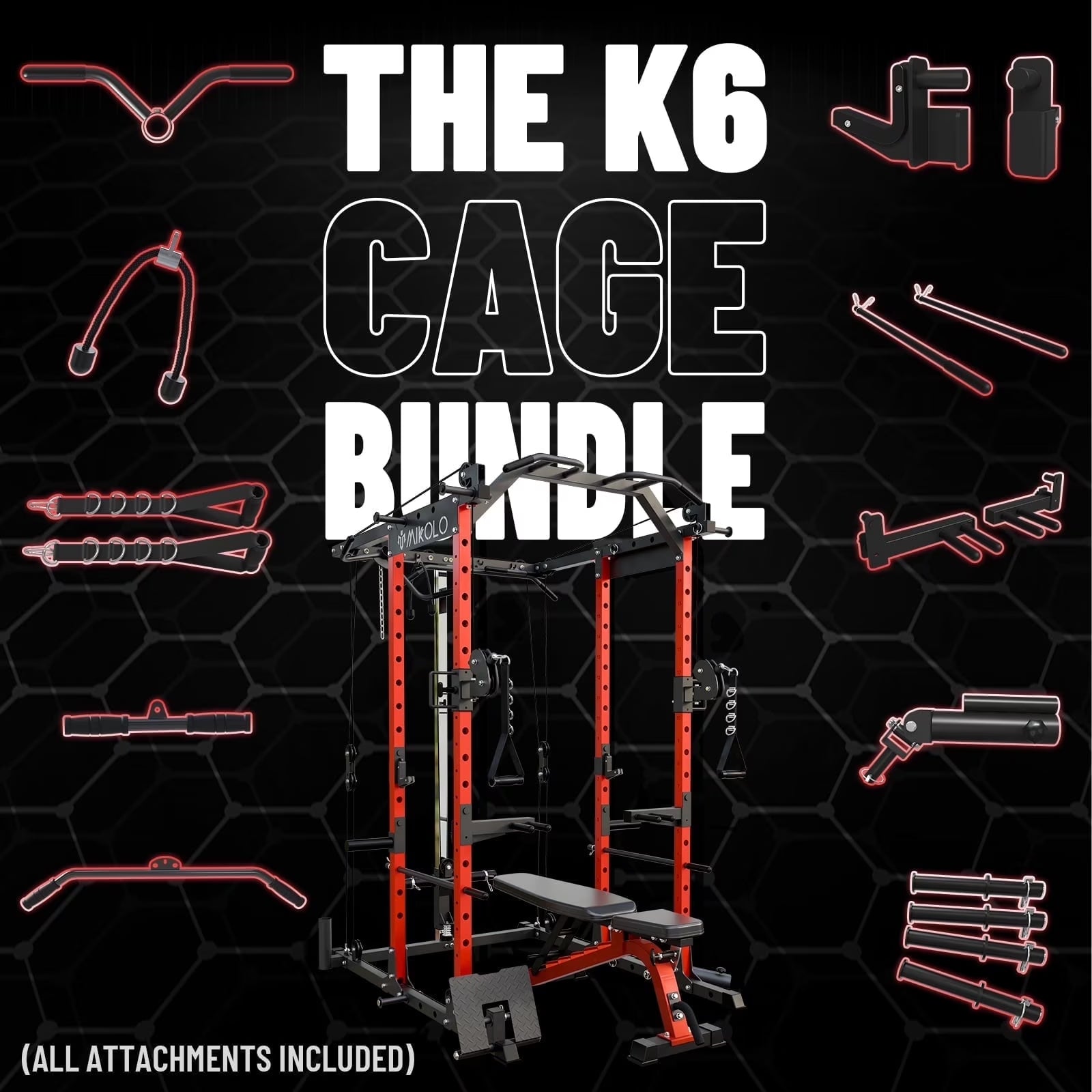 Power Cage, Squat Rack with Dual Pulley Cable Crossover System, Multifunction Free Weight Home Gym Workout Machine with Attachmenteds Red