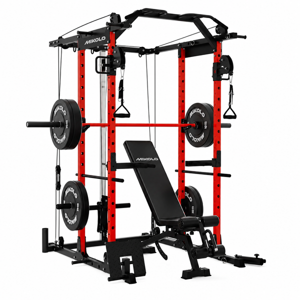 Power Cage, Squat Rack with Dual Pulley Cable Crossover System, Multifunction Free Weight Home Gym Workout Machine with Attachmenteds Red