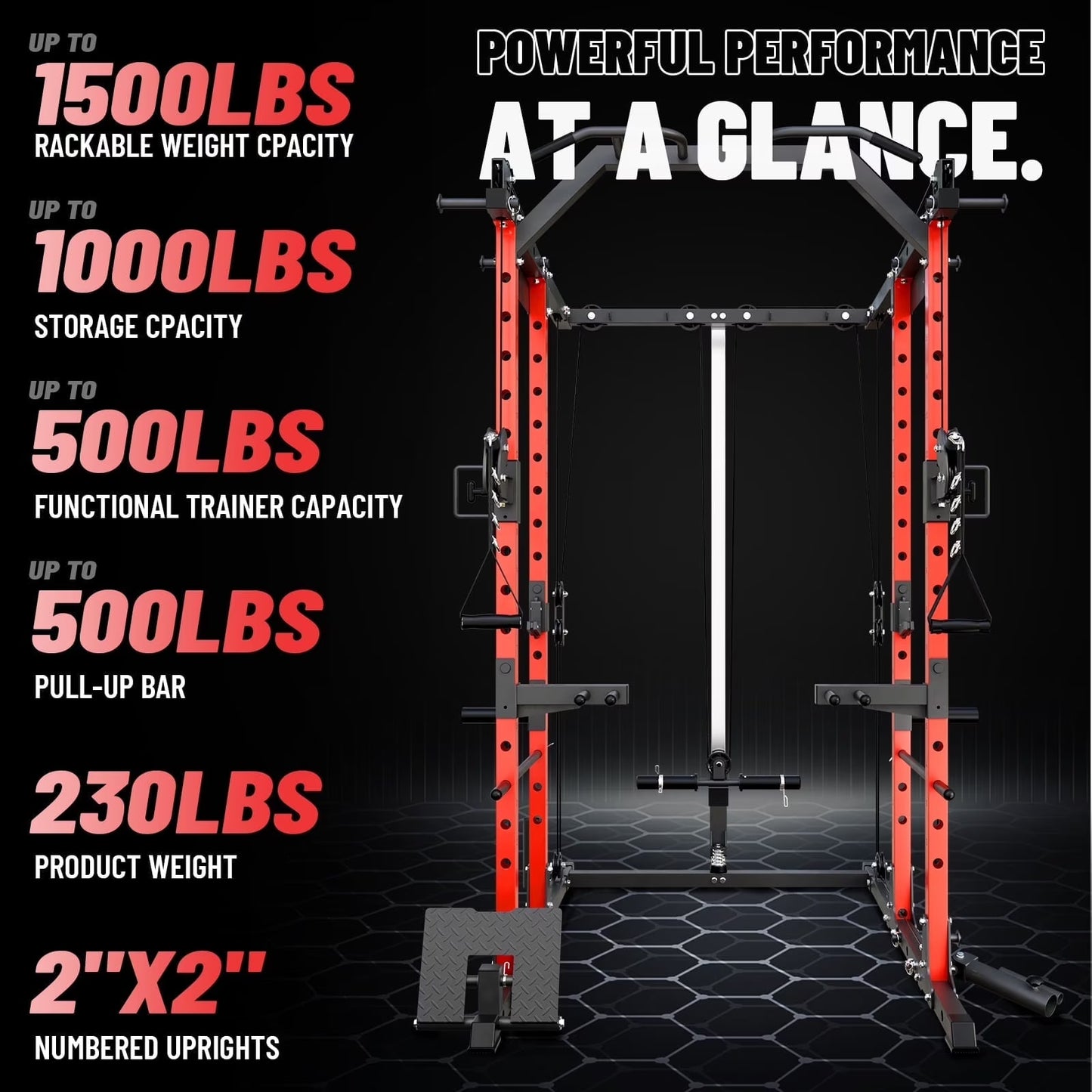 Power Cage, Squat Rack with Dual Pulley Cable Crossover System, Multifunction Free Weight Home Gym Workout Machine with Attachmenteds Red