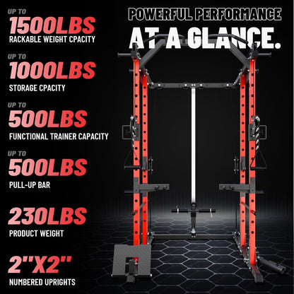 Power Cage, Squat Rack with Dual Pulley Cable Crossover System, Multifunction Free Weight Home Gym Workout Machine with Attachmenteds Red