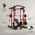 Power Cage, Squat Rack with Dual Pulley Cable Crossover System, Multifunction Free Weight Home Gym Workout Machine with Attachmenteds Red