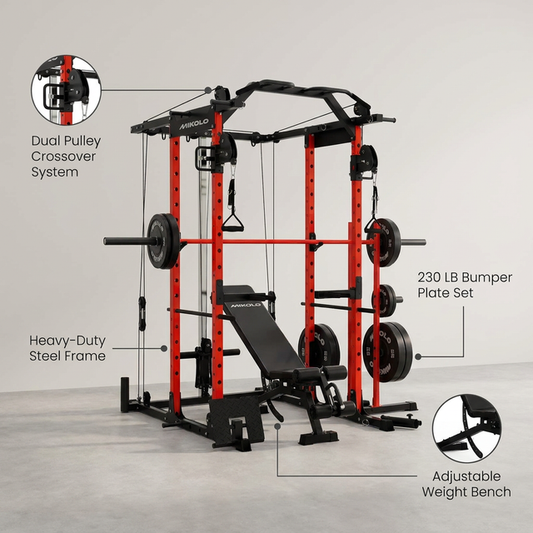Power Cage, Squat Rack with Dual Pulley Cable Crossover System, Multifunction Free Weight Home Gym Workout Machine with Attachmenteds Red — Lifestyle